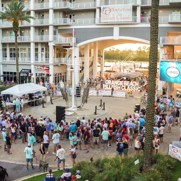 Crowd of spectators watching the weigh-ins at the Orange Beach Billfish Classic