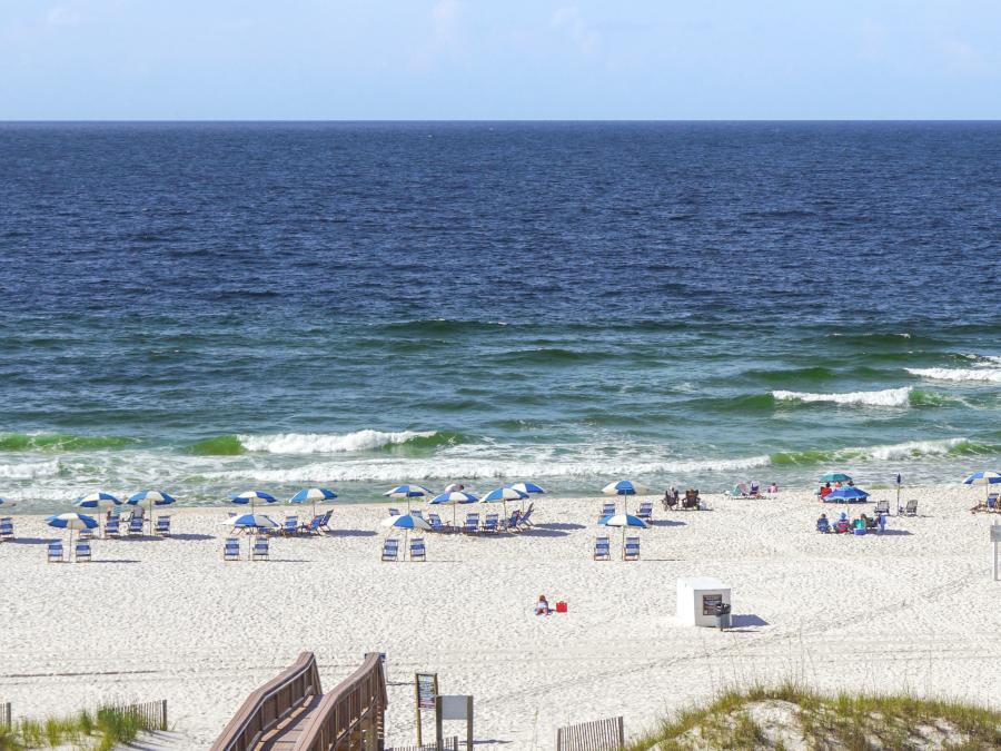 Aerial view of beach from a balcony at a Gulf-front hotel in Orange Beach
